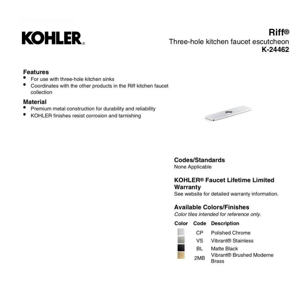 Kohler K-24462-BL Riff Three-Hole Kitchen Faucet Escutcheon in Matte Black, view 2