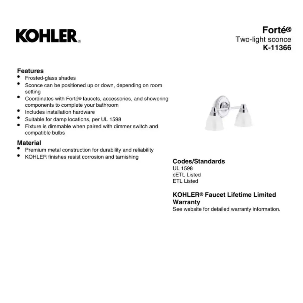 Kohler K-11366-CPL Forte Wall Sconce 15in in Polished Chrome, view 3