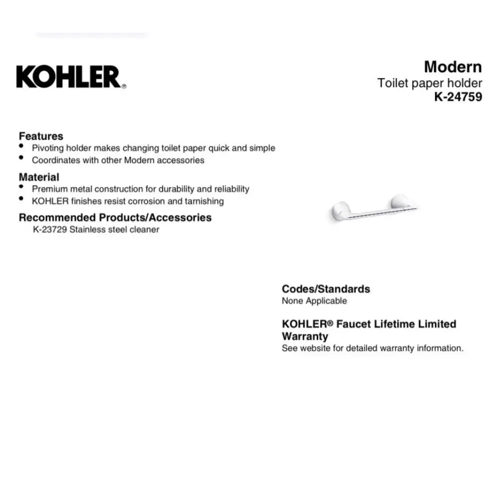 Kohler K-24759-CP Wall Mounted Toilet Paper Holder in Polished Chrome, view 3