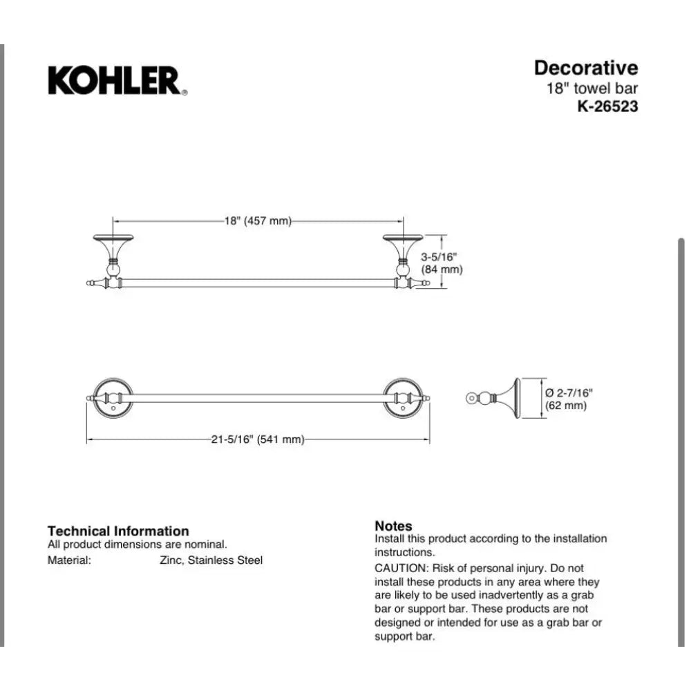Kohler K-26523-BN Decorative Towel Bar 18in in Brushed Nickel, view 5