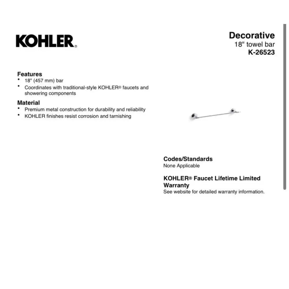 Kohler K-26523-BN Decorative Towel Bar 18in in Brushed Nickel, view 4