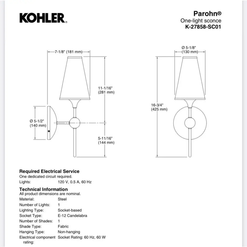 Kohler K-27858-SC01-GNL Parohn Wall Sconce in Gunmetal, view 8