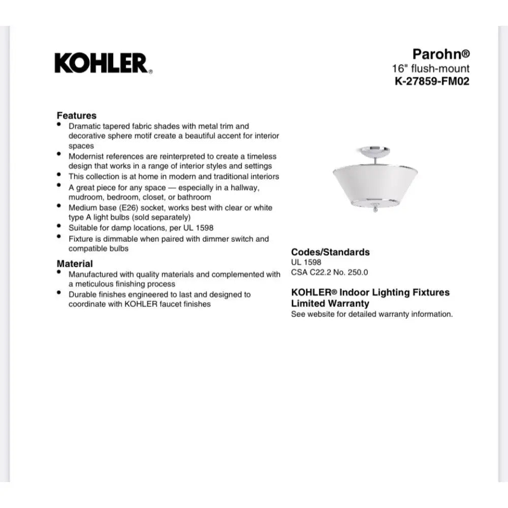 Kohler K-27859-FM02-CPL Parohn Flush Mount 16in in Polished Chrome, view 5