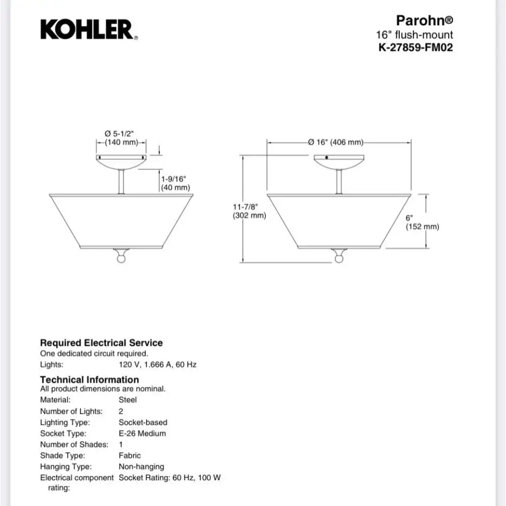 Kohler K-27859-FM02-CPL Parohn Flush Mount 16in in Polished Chrome, view 6