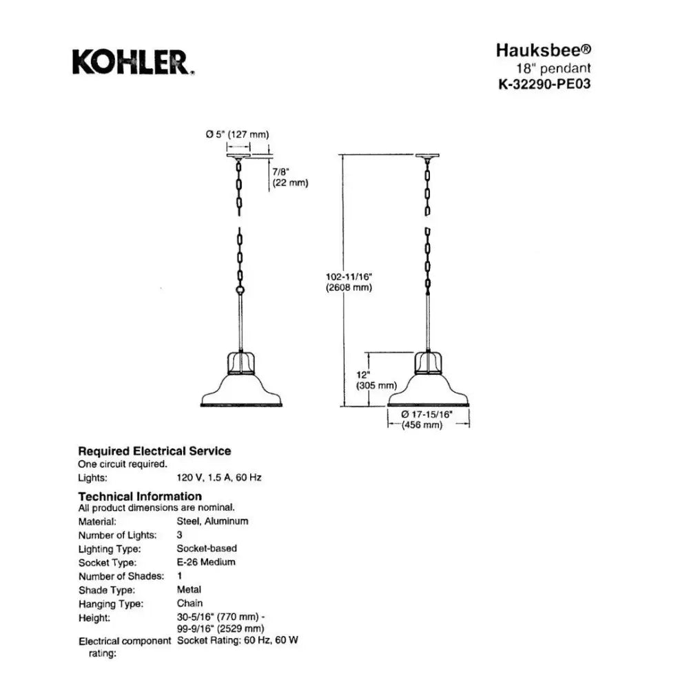 Kohler K-32290-PE03-CPL Hauksbee Pendant 18in in Polished Chrome, view 3