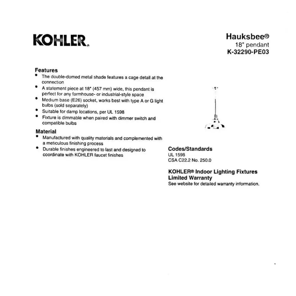 Kohler K-32290-PE03-CPL Hauksbee Pendant 18in in Polished Chrome, view 2
