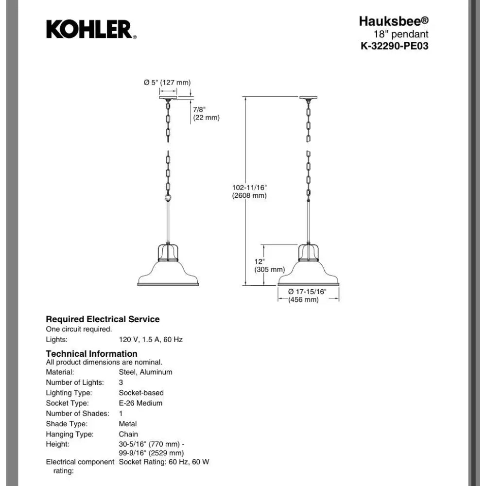 Kohler K-32290-PE03-BML Hauksbee Pendant 18in in Matte Black with Brushed Brass, view 4