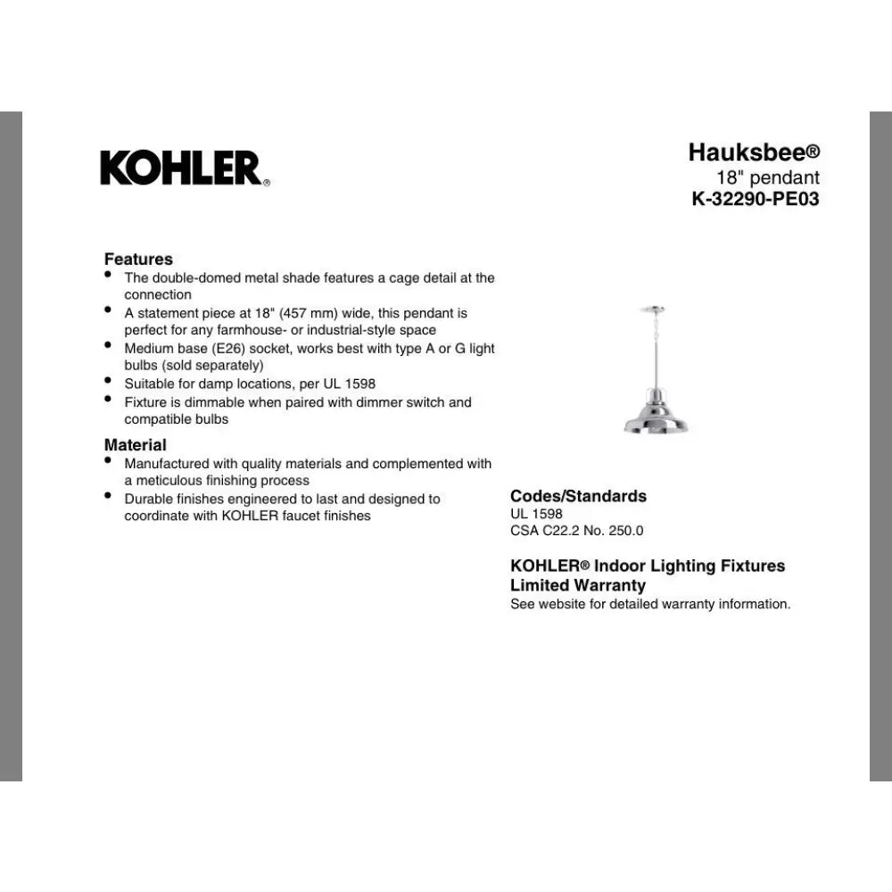 Kohler K-32290-PE03-BML Hauksbee Pendant 18in in Matte Black with Brushed Brass, view 3