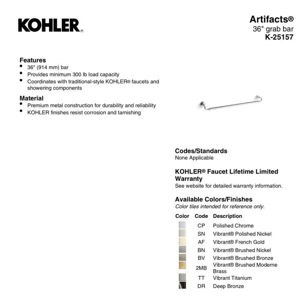 Kohler K-25157-2BZ Artifacts Grab Bar 36in in Oil-Rubbed Bronze, view 2