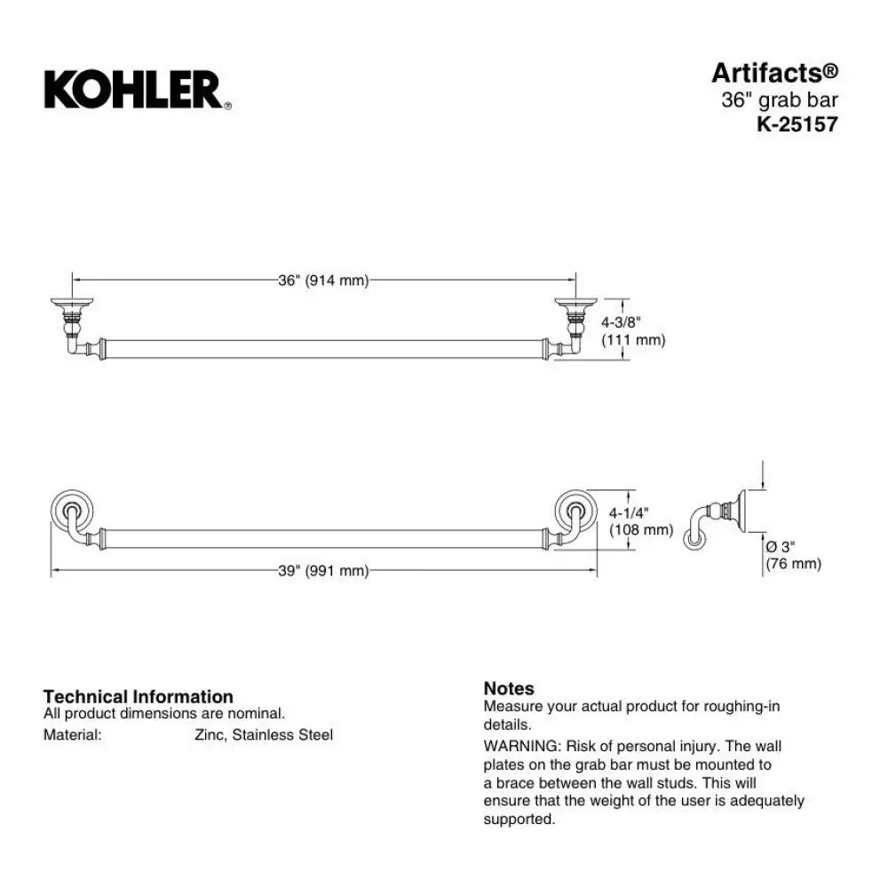 Kohler K-25157-2BZ Artifacts Grab Bar 36in in Oil-Rubbed Bronze, view 3