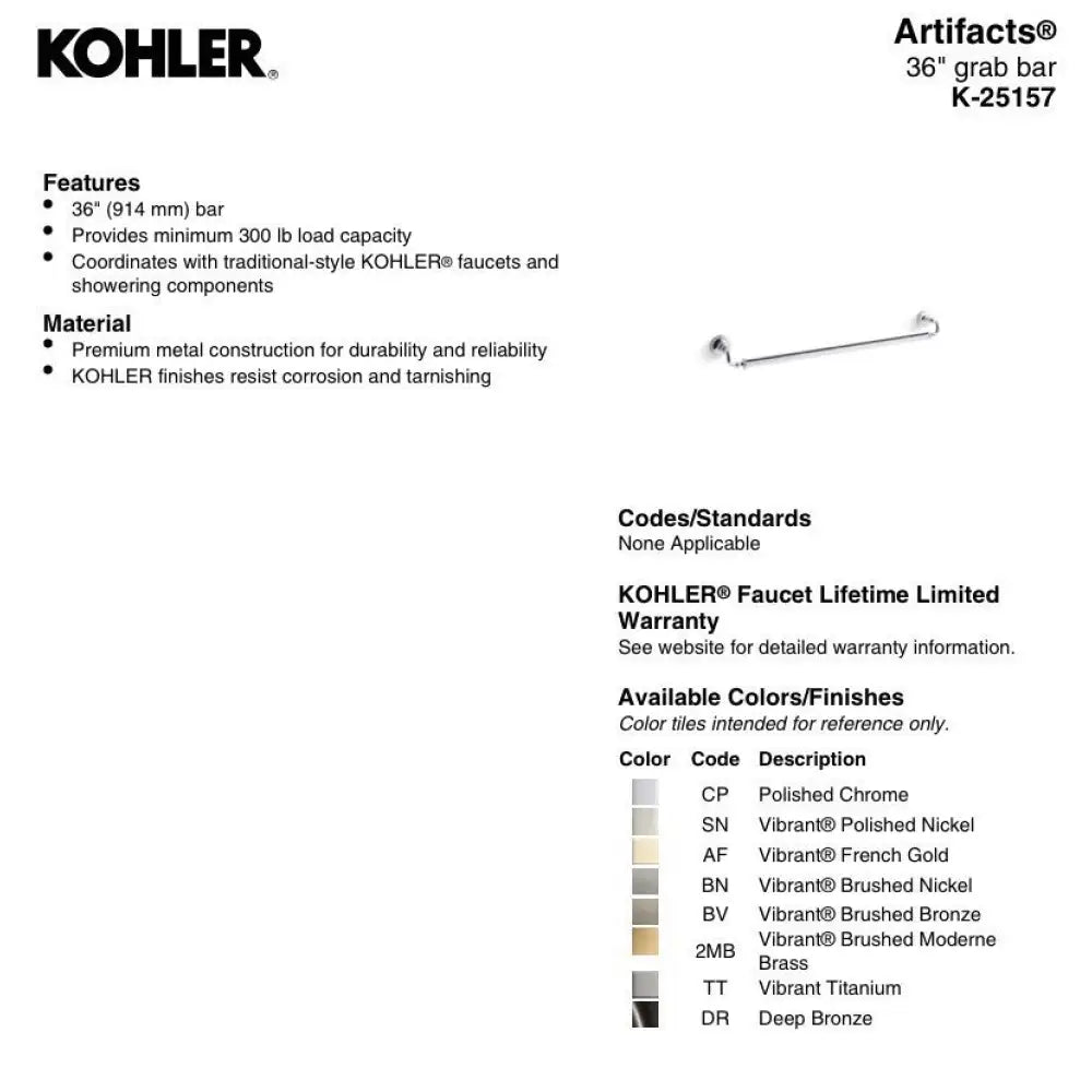 Kohler K-25157-BN Artifacts Grab Bar 36in in Vibrant Brushed Nickel, view 2