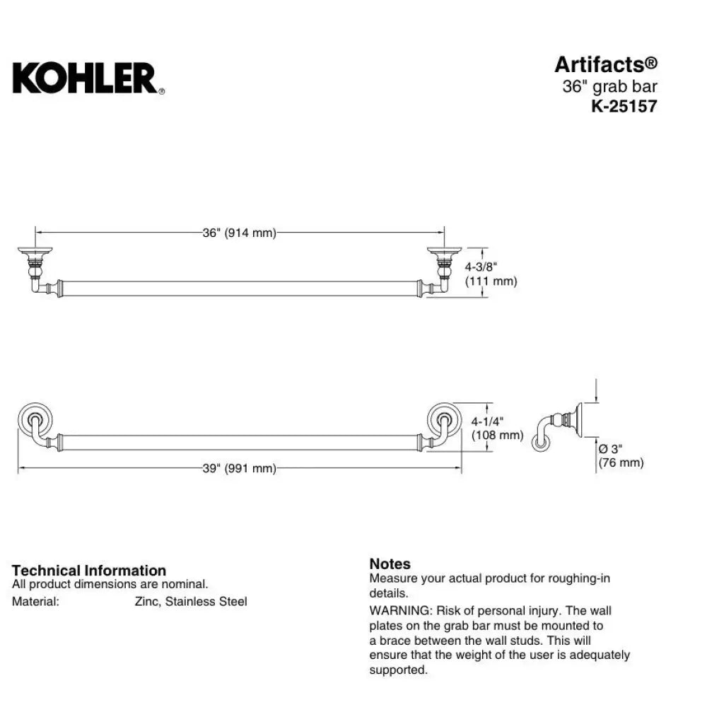 Kohler K-25157-BN Artifacts Grab Bar 36in in Vibrant Brushed Nickel, view 3