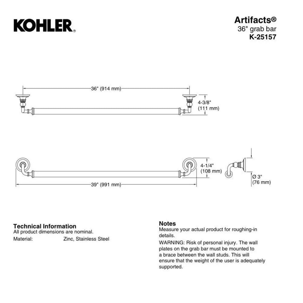 Kohler K-25157-CP Artifacts Grab Bar 36in in Polished Chrome, view 3