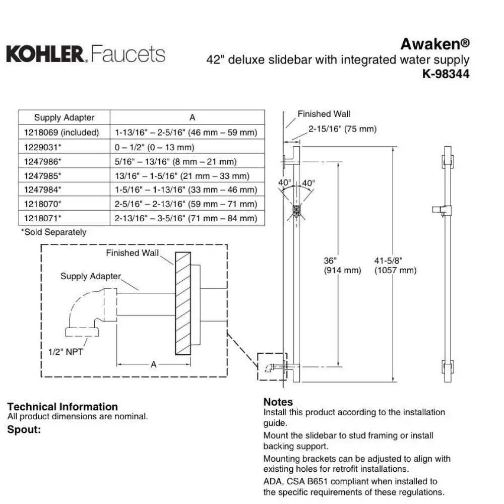 Kohler K-98344-2BZ Awaken Deluxe Slidebar with Integrated Supply 36in in Oil-Rubbed Bronze, view 4
