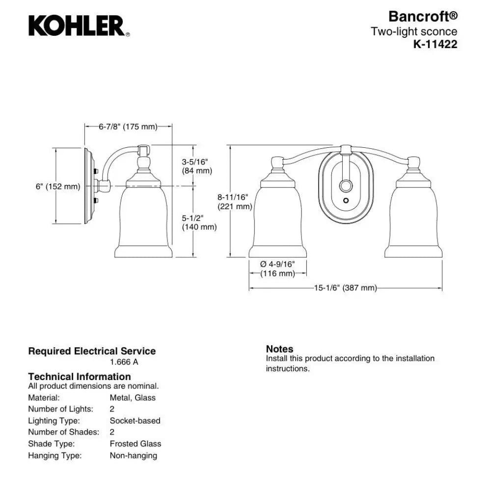 Kohler K-11422-BZL Bancroft Wall Sconce 15in in Oil-Rubbed Bronze, view 4
