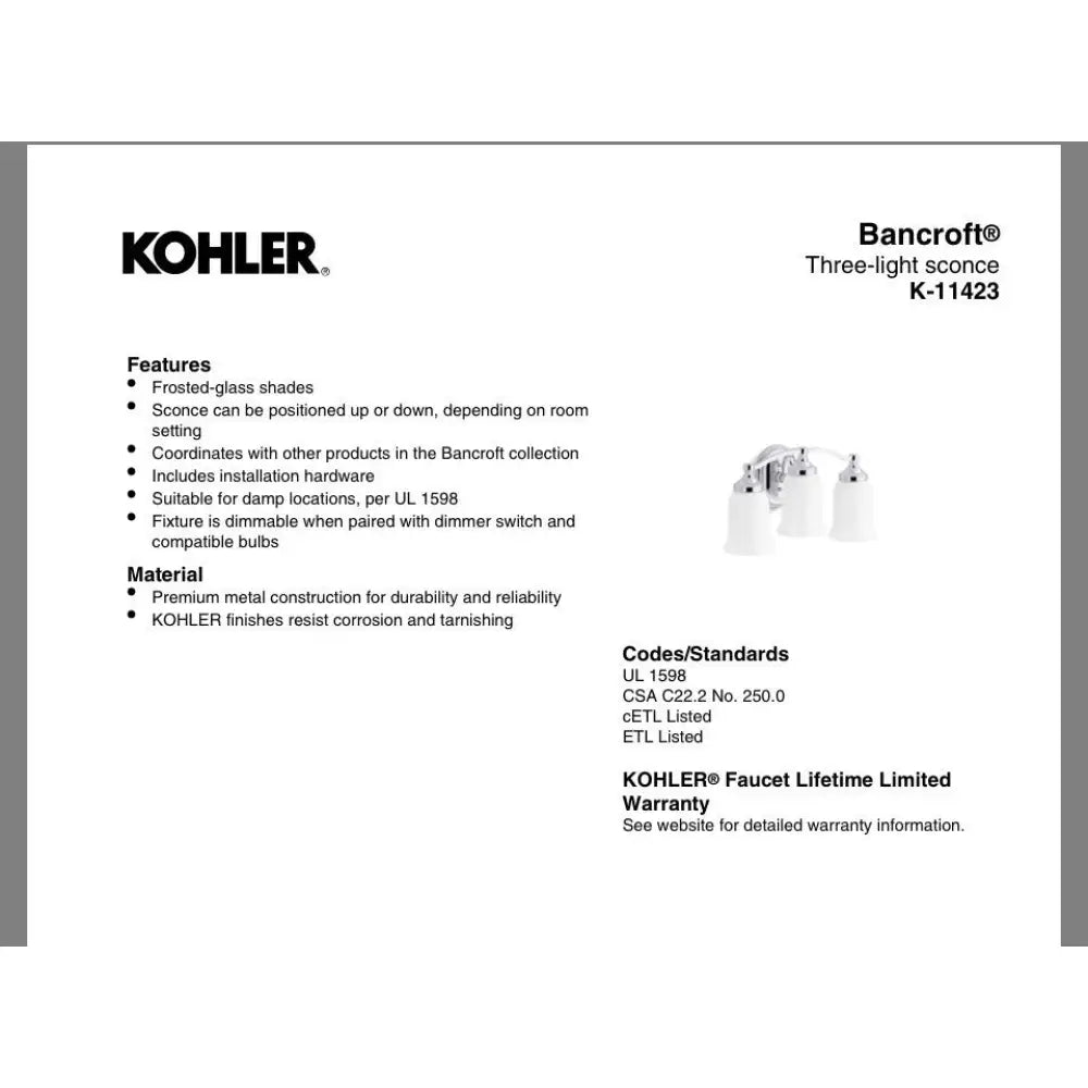 Kohler K-11423-BZL Bancroft Wall Sconce in Oil-Rubbed Bronze, view 3