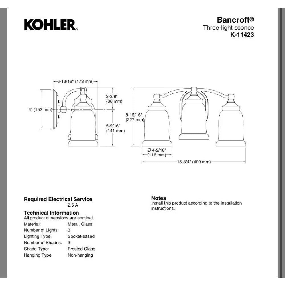 Kohler K-11423-CPL Bancroft Wall Sconce in Polished Chrome, view 4