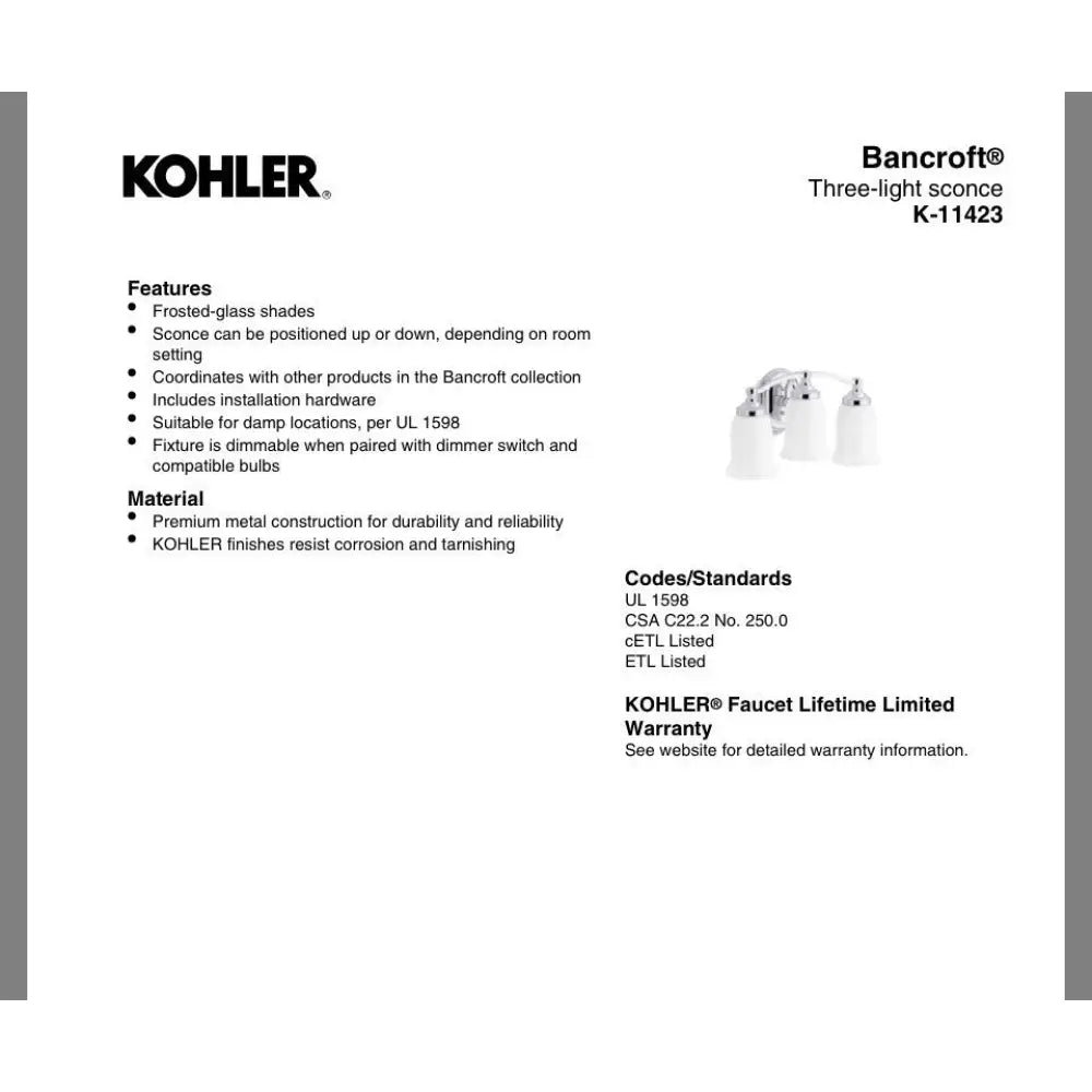 Kohler K-11423-CPL Bancroft Wall Sconce in Polished Chrome, view 3