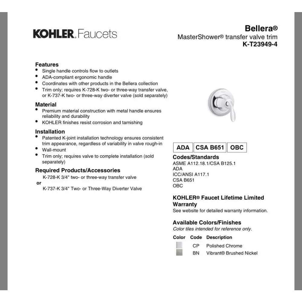 Kohler K-T23949-4-2BZ Bellera MasterShower Transfer Valve Trim in Oil-Rubbed Bronze, view 6