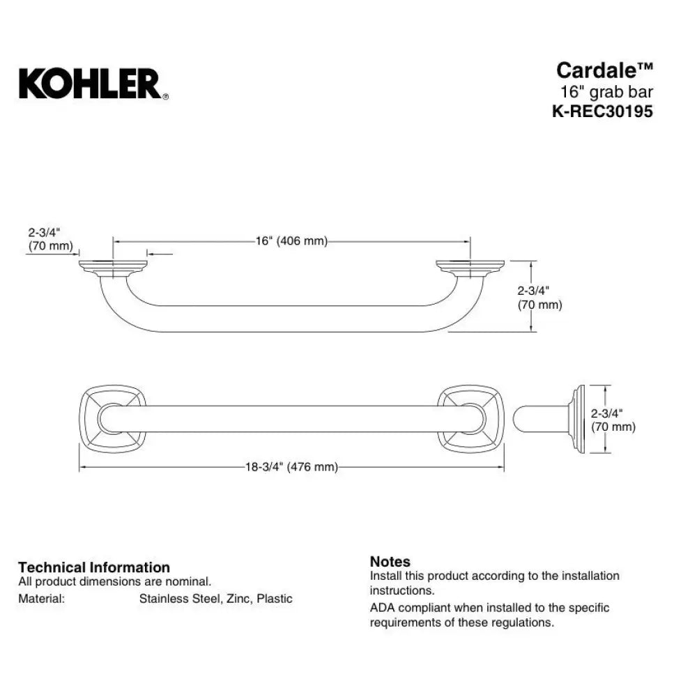 Kohler K-REC30195-2BZ Cardale Grab Bar 16in in Oil-Rubbed Bronze, view 3