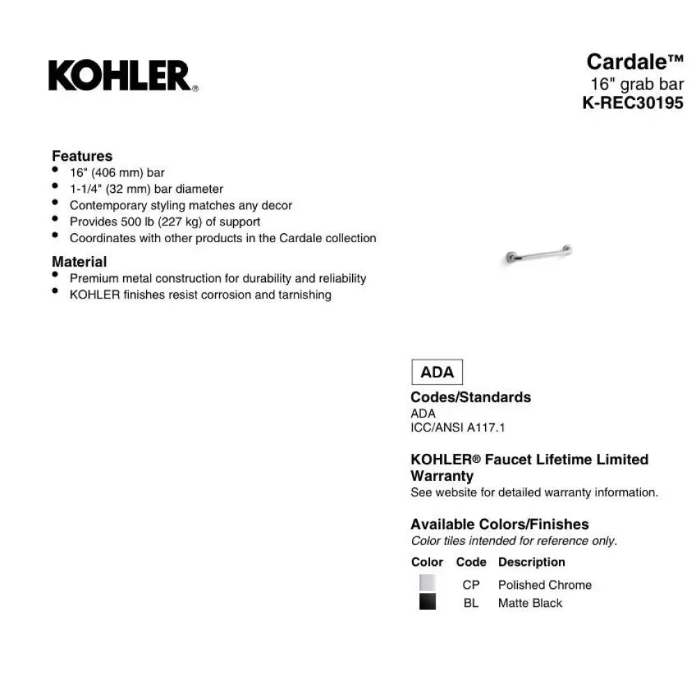 Kohler K-REC30195-2BZ Cardale Grab Bar 16in in Oil-Rubbed Bronze, view 2