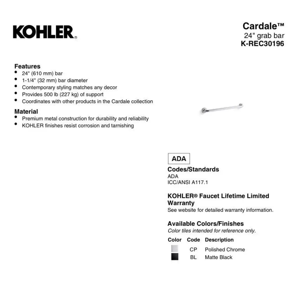 Kohler K-REC30196-2BZ Cardale Grab Bar 24in in Oil-Rubbed Bronze, view 2
