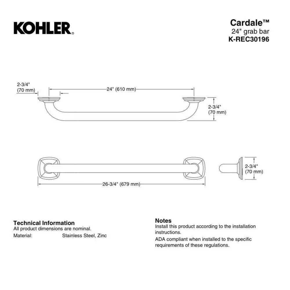 Kohler K-REC30196-2BZ Cardale Grab Bar 24in in Oil-Rubbed Bronze, view 3