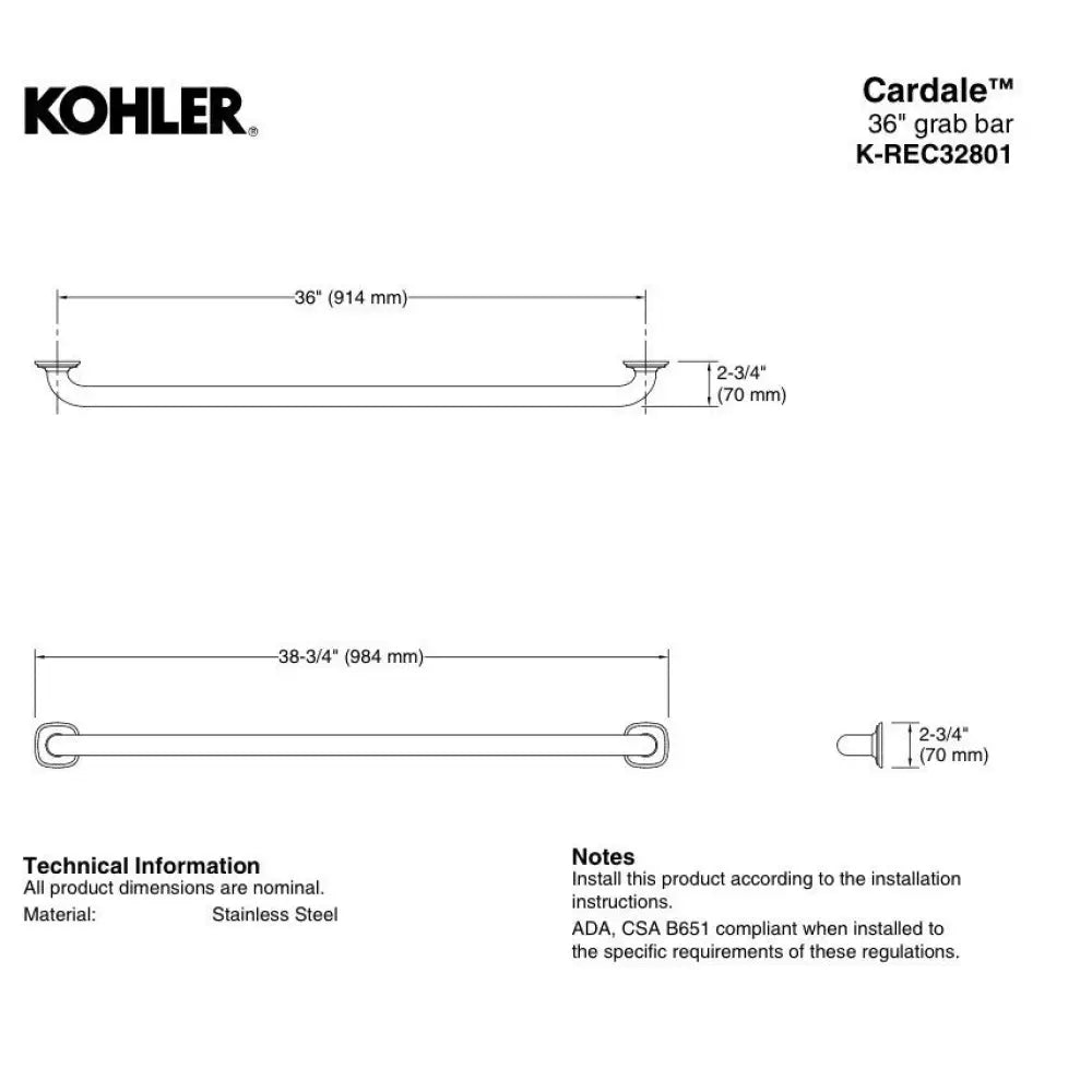 Kohler K-REC32801-2BZ Cardale Grab Bar 36in in Oil-Rubbed Bronze, view 3
