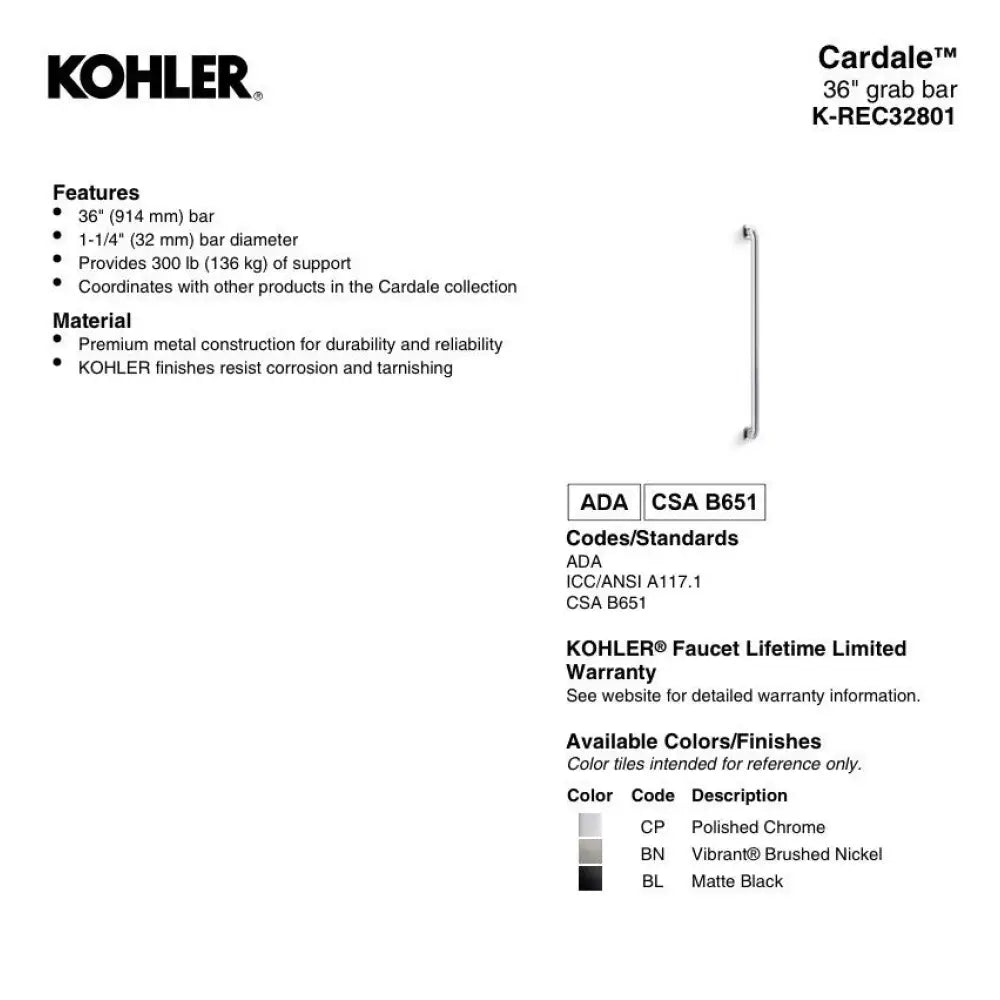 Kohler K-REC32801-2BZ Cardale Grab Bar 36in in Oil-Rubbed Bronze, view 2