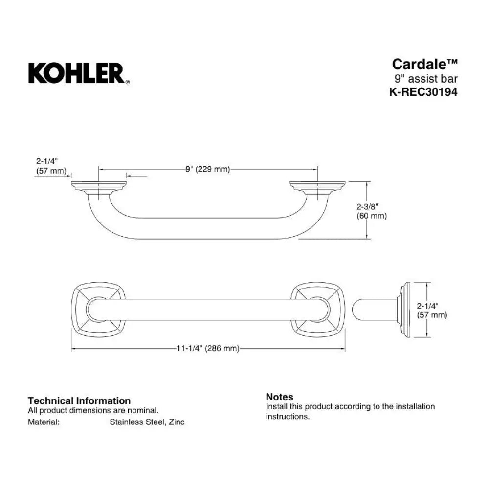 Kohler K-REC30194-2BZ Cardale Assist Grab Bar 9in in Oil-Rubbed Bronze, view 3
