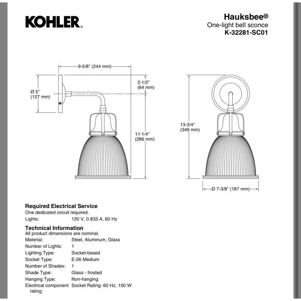Kohler K-32281-SC01-BLL Hauksbee Bell Wall Sconce in Matte Black, view 4