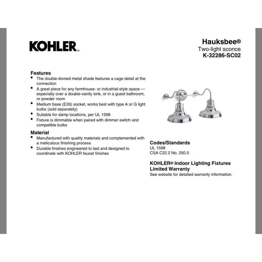 Kohler K-32286-CPL Hauksbee Wall Sconce in Polished Chrome, view 2