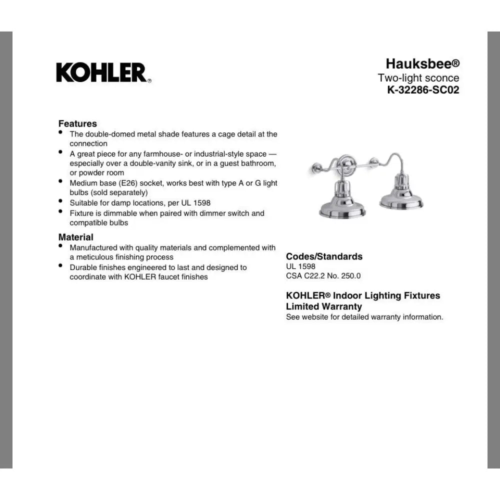 Kohler K-32286-WCL Hauksbee Wall Sconce in Matte White with Chrome Trim, view 2