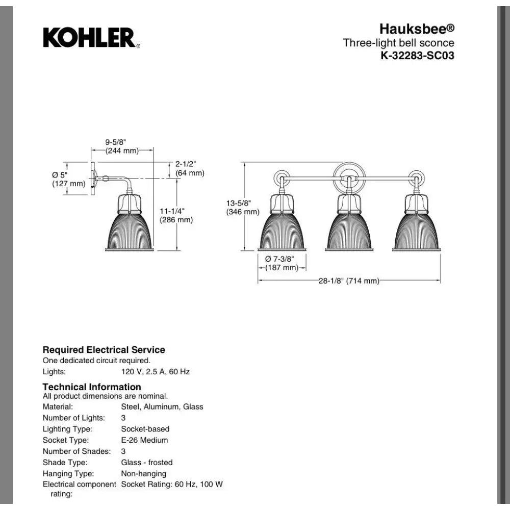 Kohler K-32283-SC03-BLL Hauksbee Bell Wall Sconce in Matte Black, view 4