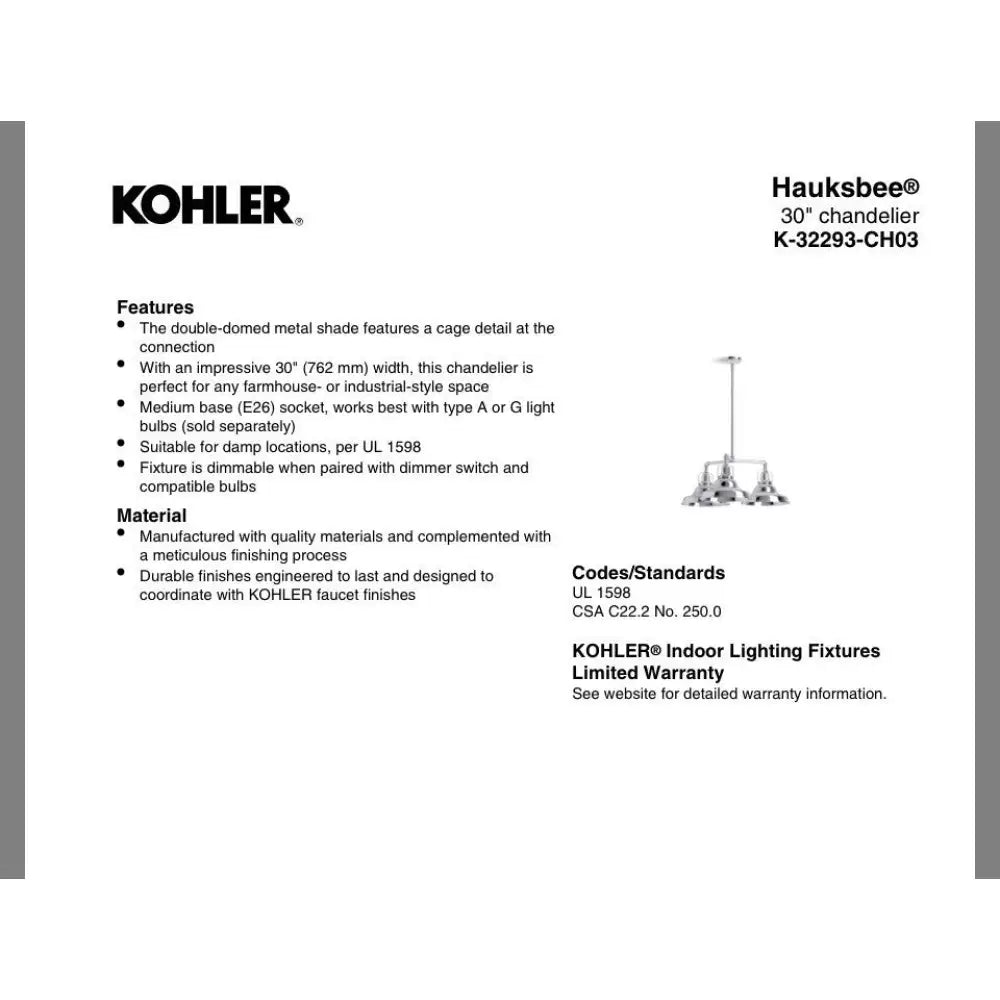 Kohler K-32293-CH03-CPL Hauksbee Chandelier 30in in Polished Chrome, view 3