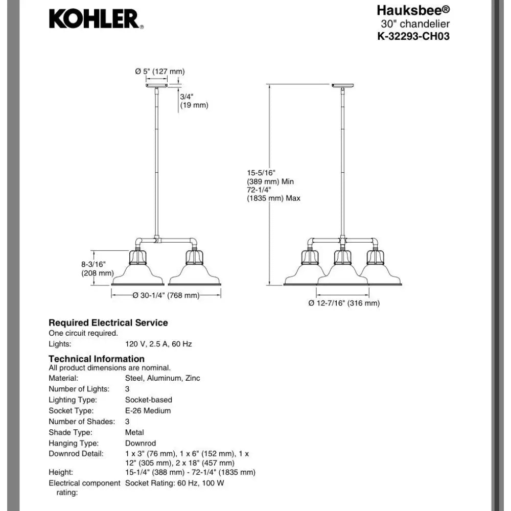 Kohler K-32293-CH03-CPL Hauksbee Chandelier 30in in Polished Chrome, view 4