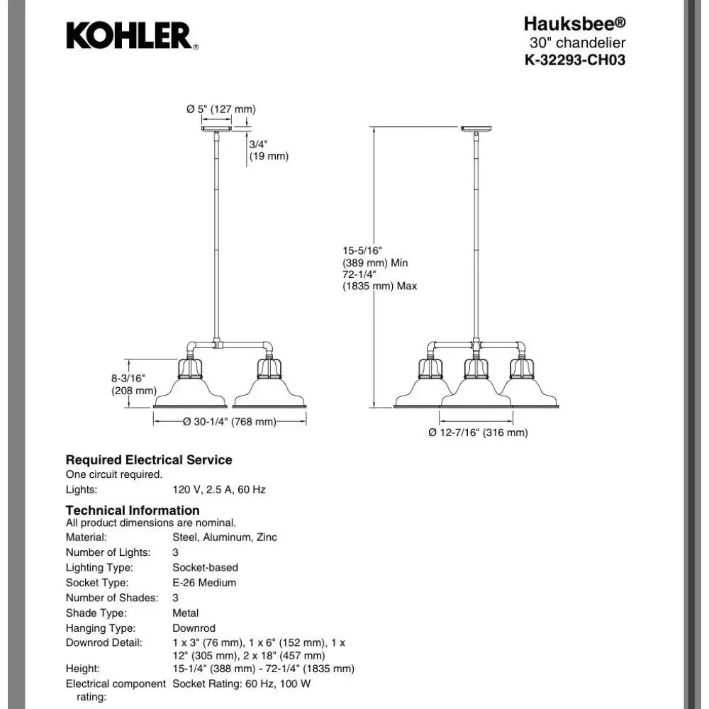 Kohler K-32293-CH03-BML Hauksbee Chandelier 30in in Matte Black with Brass Trim, view 9