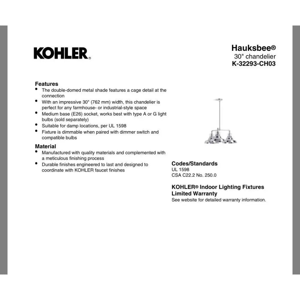 Kohler K-32293-CH03-BML Hauksbee Chandelier 30in in Matte Black with Brass Trim, view 8
