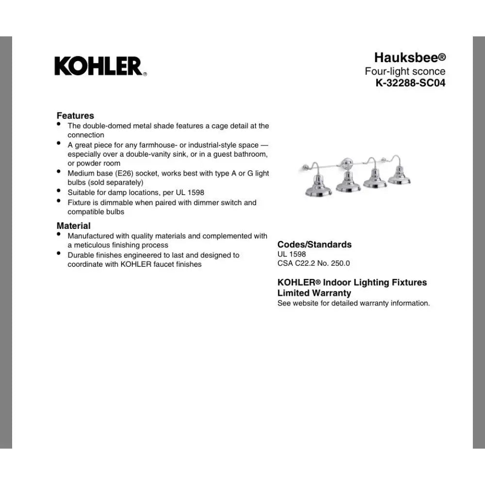 Kohler K-32288-SC04-CPL Hauksbee Wall Sconce in Polished Chrome, view 2