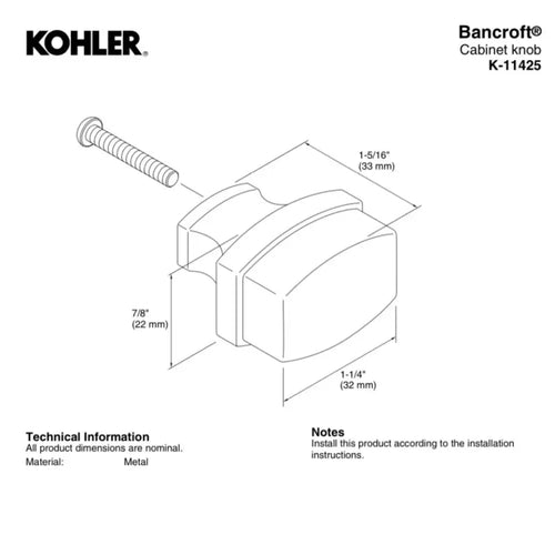 Kohler K-11425-BN Bancroft Cabinet Knob in Vibrant Brushed Nickel, view 2