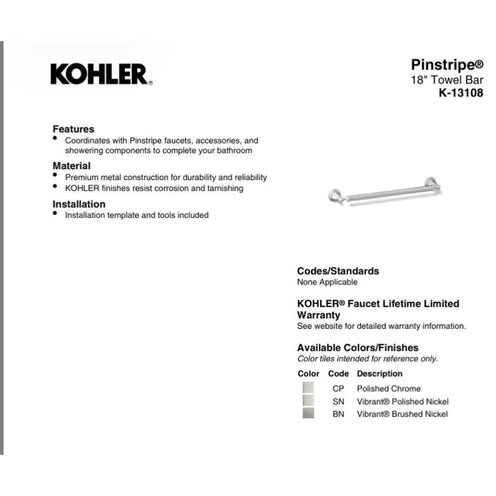 Kohler K-13108-CP Pinstripe Towel Bar 18in in Polished Chrome, view 8