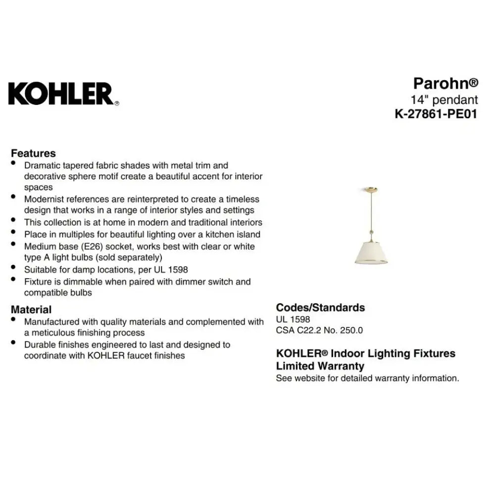 Kohler K-27861-PE01-SNL Parohn Pendant 14in in Polished Nickel, view 8
