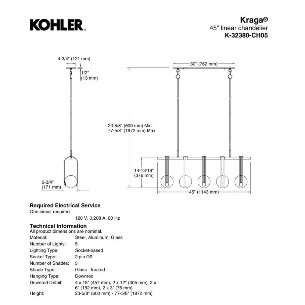 Kohler K-32380-CH05-BLL-D Kraga Linear Chandelier 45in in Matte Black, view 4