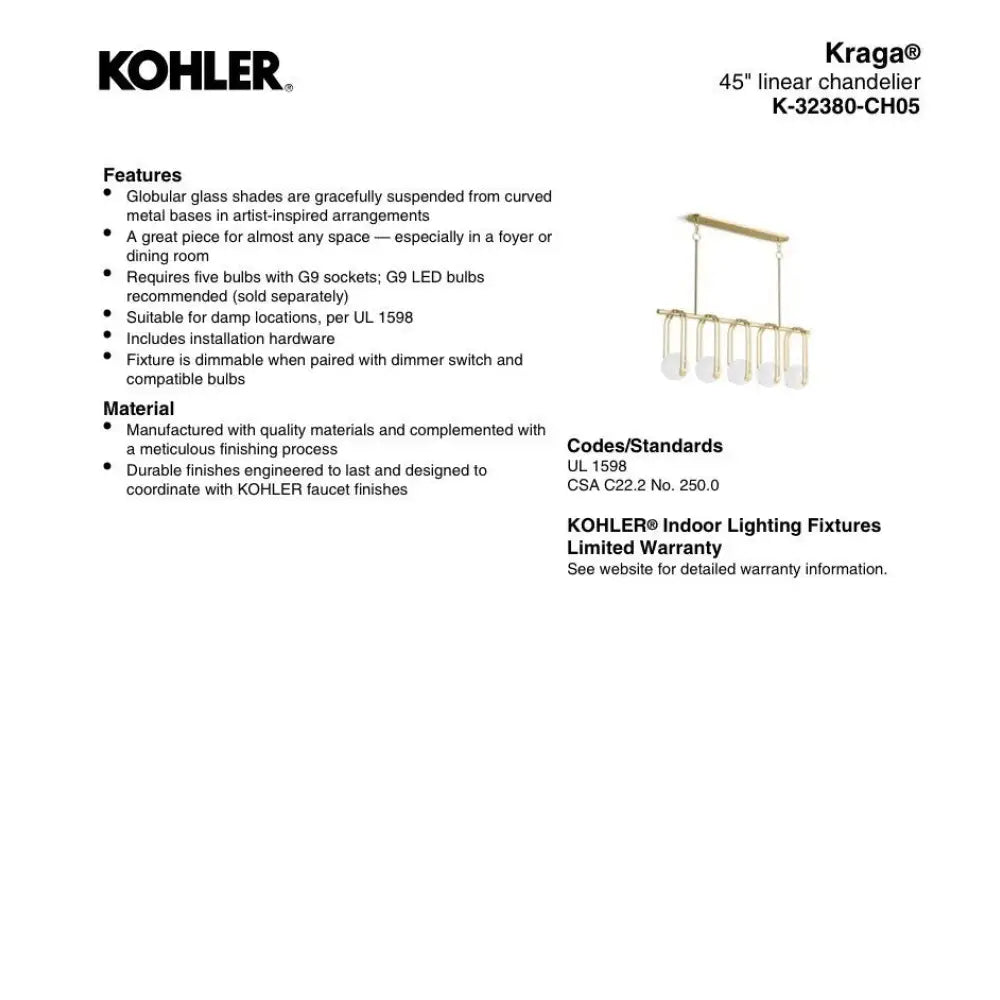 Kohler K-32380-CH05-BLL-D Kraga Linear Chandelier 45in in Matte Black, view 3