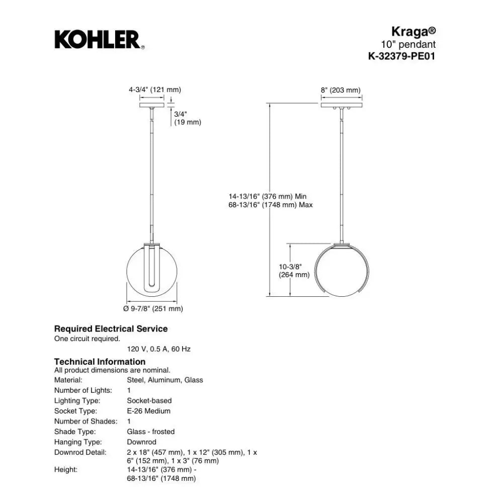 Kohler K-32379-PE01-2PL Kraga Pendant in Polished Brass, view 4