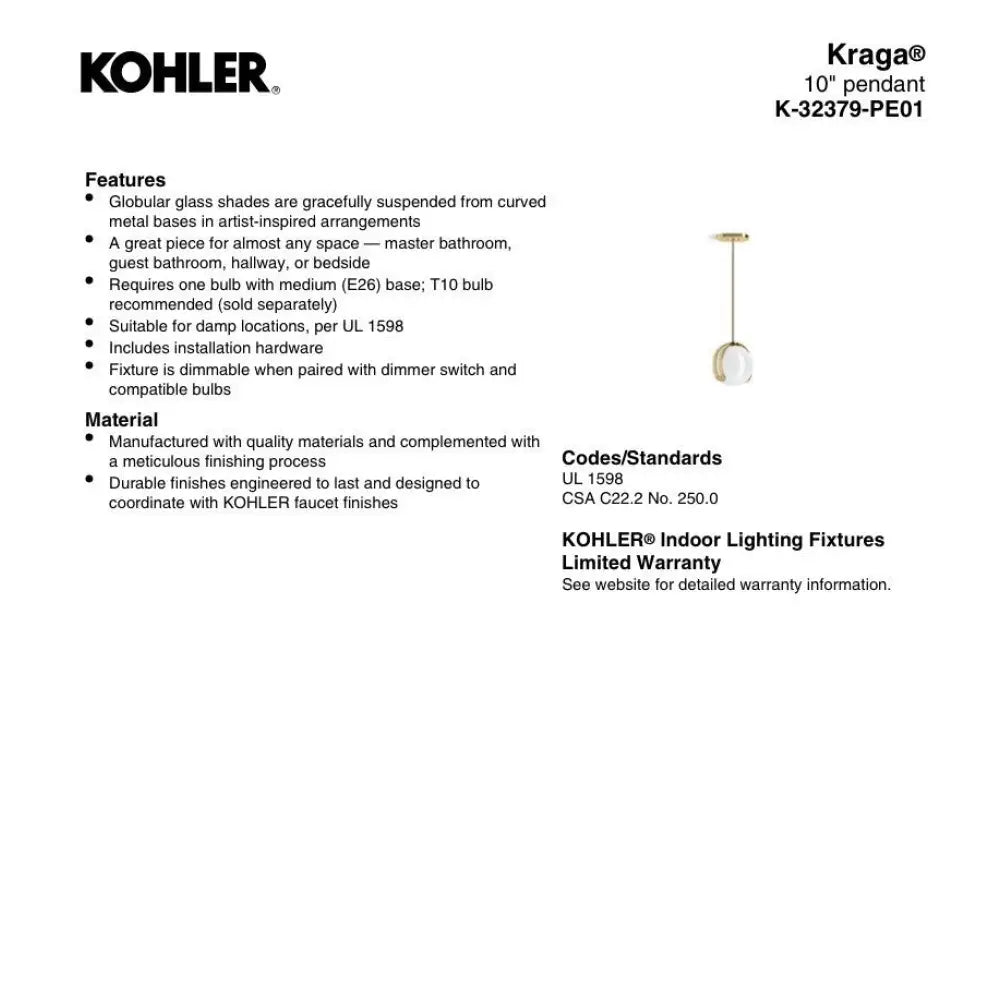 Kohler K-32379-PE01-2PL Kraga Pendant in Polished Brass, view 3