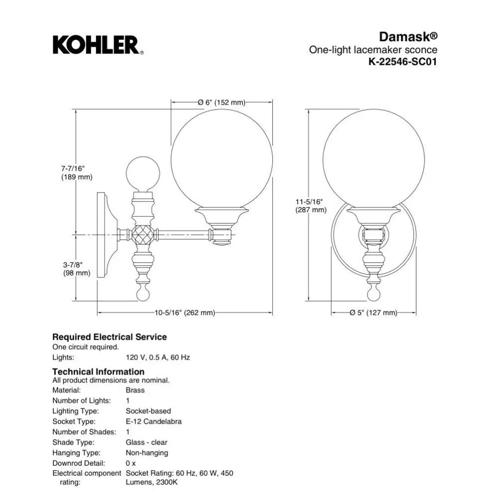 Kohler K-22546-SC01-SNL Damask Water Globe Sconce 11in in Polished Nickel, view 4