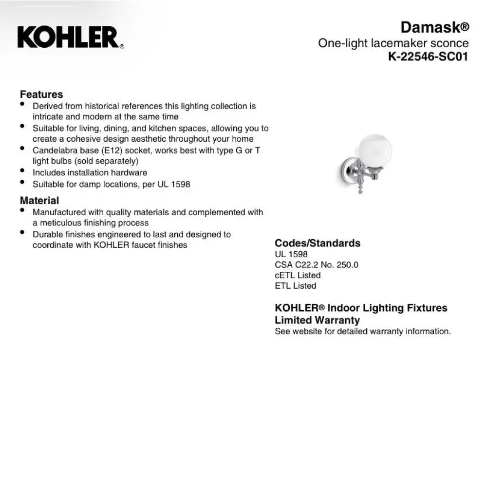 Kohler K-22546-SC01-SNL Damask Water Globe Sconce 11in in Polished Nickel, view 3