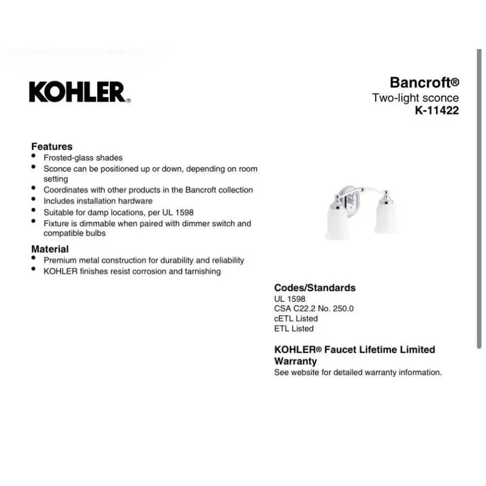 Kohler K-11422-CPL Bancroft Wall Sconce 15in in Polished Chrome, view 3