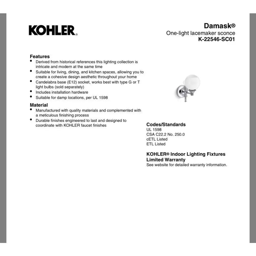 Kohler K-22546-SC01-BZL Damask Water Globe Sconce 11in in Oil-Rubbed Bronze, view 5